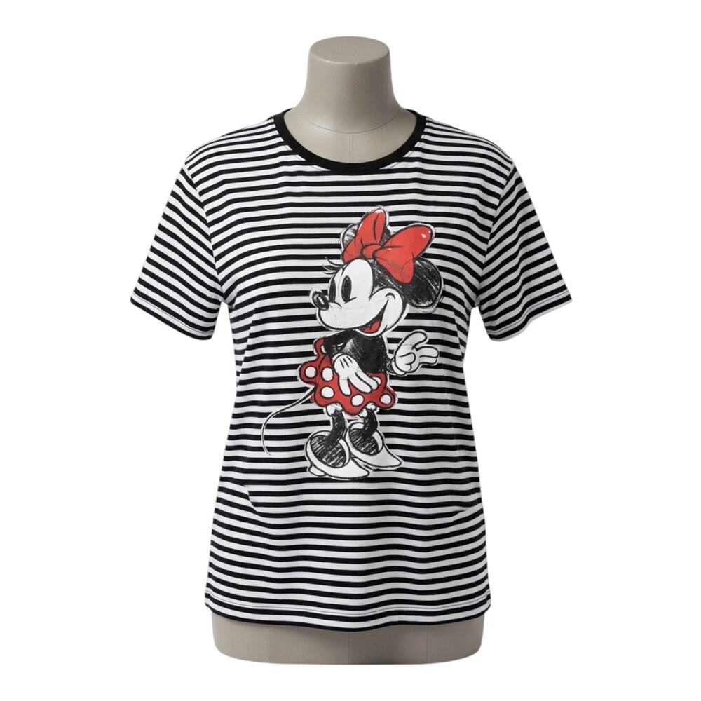 Disney Minnie Mouse Black White Stripe Graphic T-Shirt Top Jerry Leigh Large L
